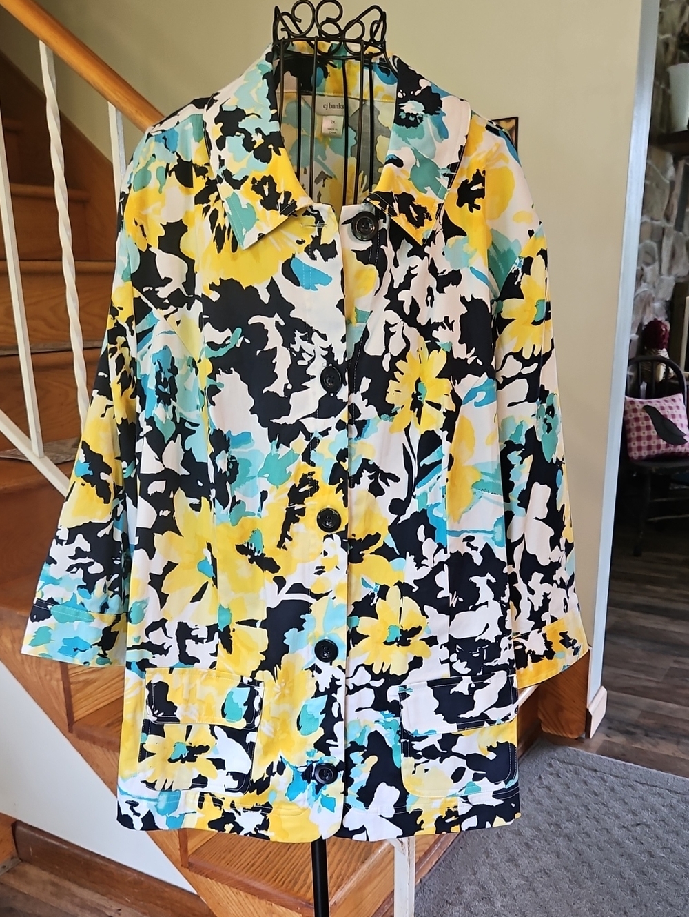 👚CJ BANKS Yellow Teal Black Floral Button-Front Jacket